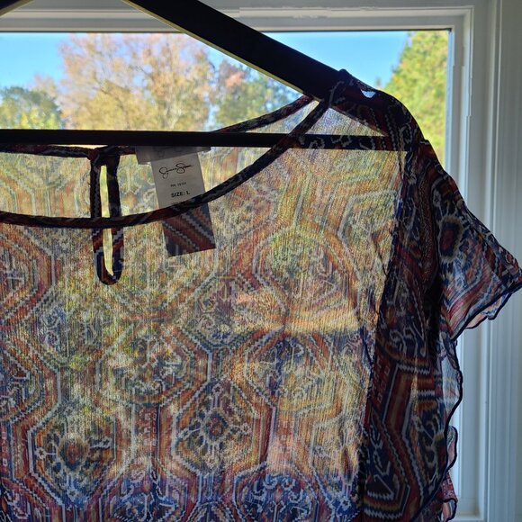 Jessica Simpson Sheer Tunic Blouse L Blue Red Ruffles Sheer Elastic Waist Boho - Picture 4 of 12